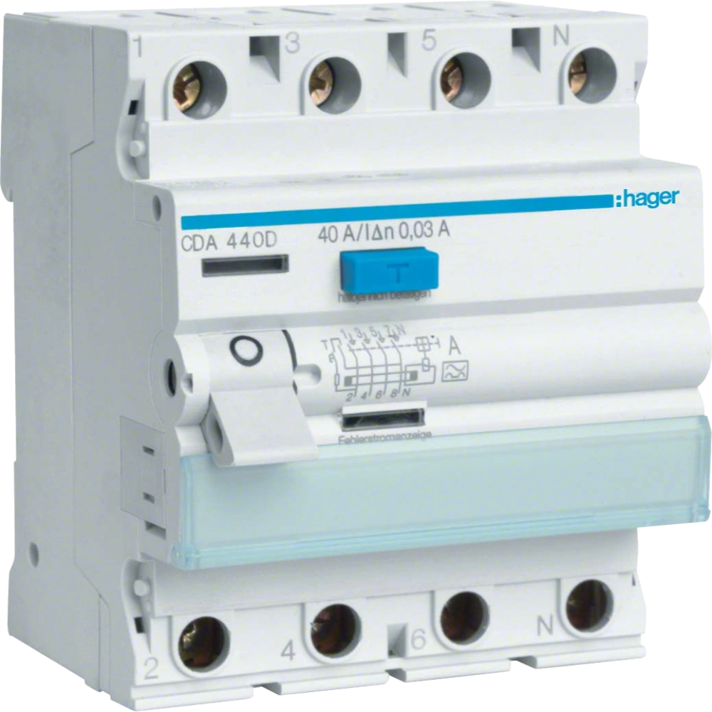 Hager CDA463D Диференційне реле 4P, 6kA, 63A, 30mA, AО: "A"