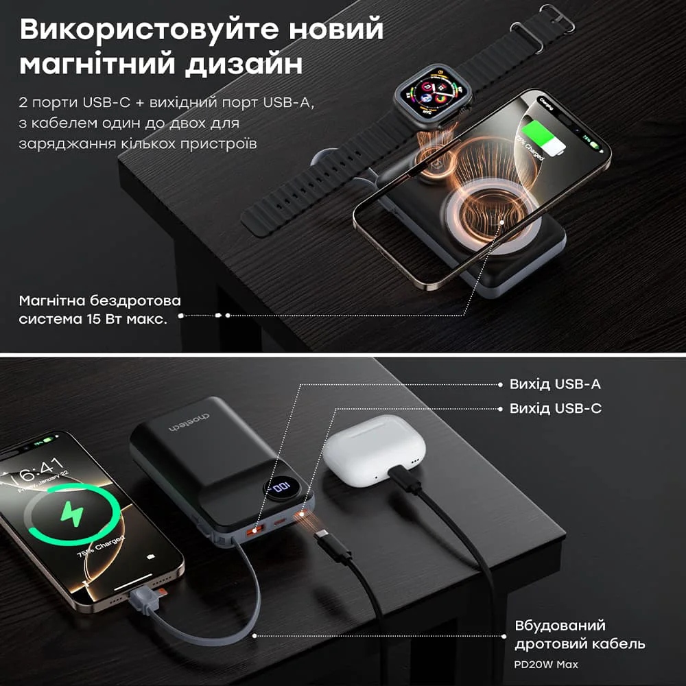 Choetech B696 20 000мА•г Black з магнітною зарядкою Повербанк - Зображення 4