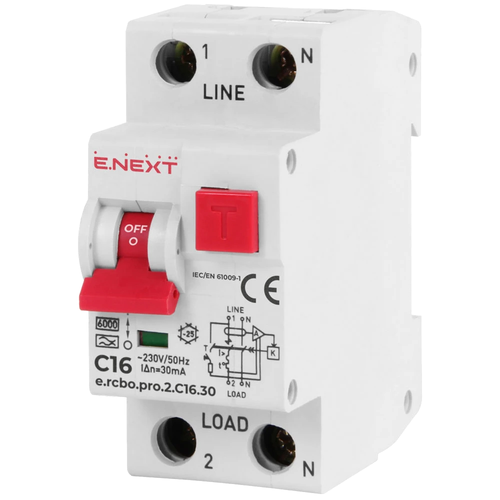 Enext e.rcbo.pro.2.C16.30, 1P+N, 16А, С, тип А, 30 Вимикач диференціального струму із захистом від надструмів