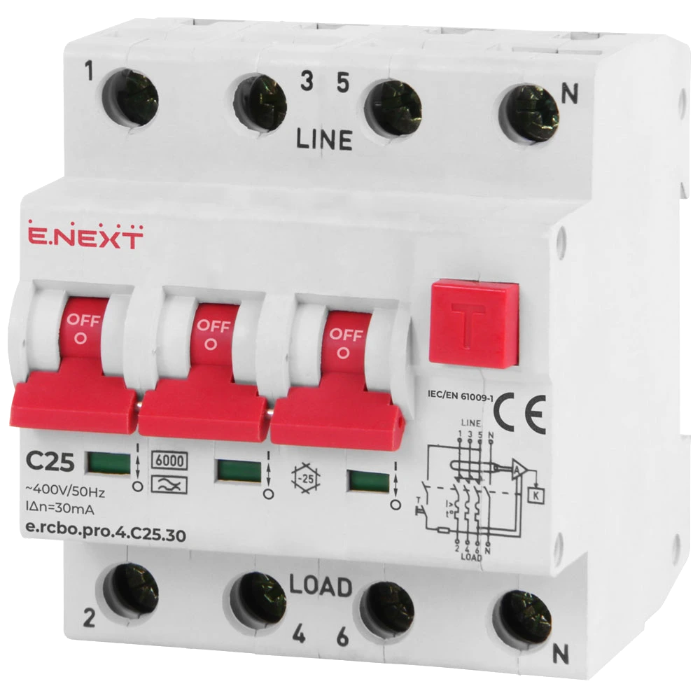 Enext e.rcbo.pro.4.C25.30, 3P+N, 25А, С, тип А, 30 Вимикач диференціального струму із захистом від надструмів