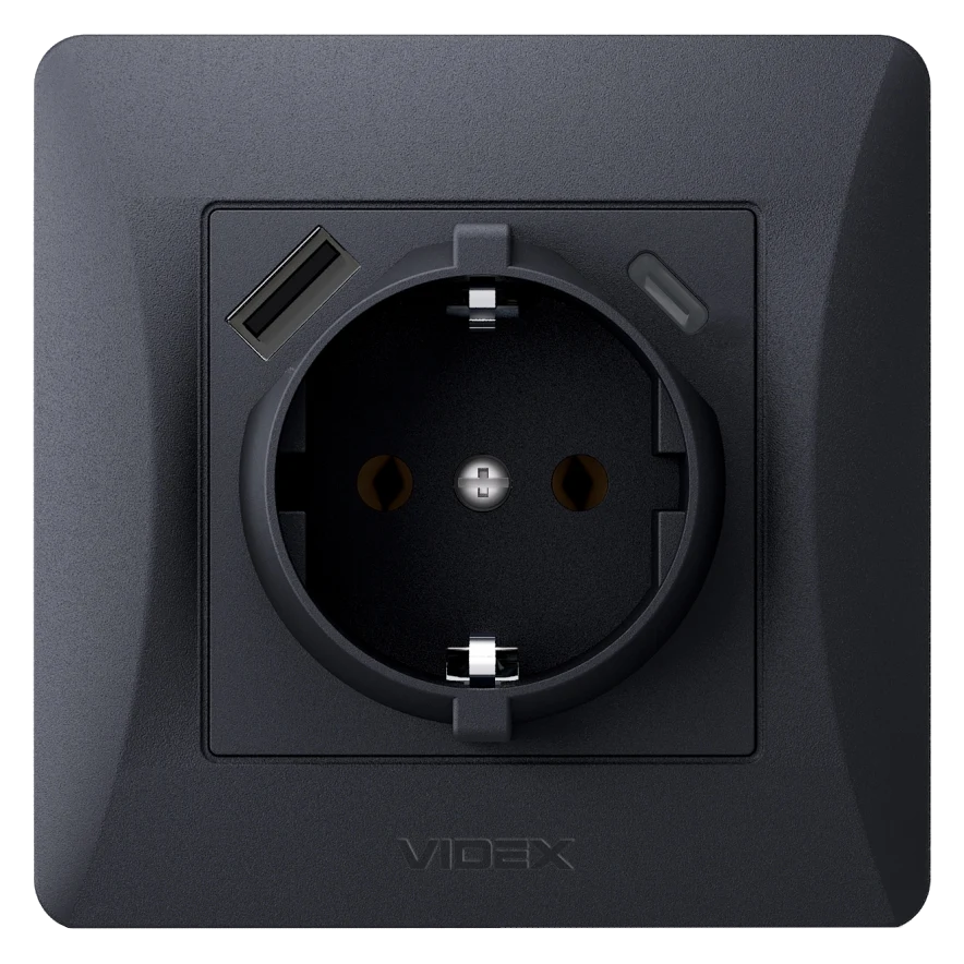 VIDEX BINERA Розетка одинарна із заземленням з USB+USB-C чорний графіт