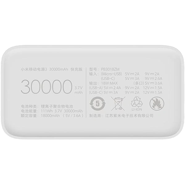 Xiaomi Mi Power Bank 3 30000 mAh 24W Fast Charge PB3018ZM White (VXN4307CN) Повербанк - Зображення 3