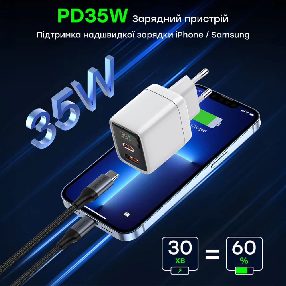 Choetech PD6052 Black PD35W GAN A+C Адаптер - Зображення 3
