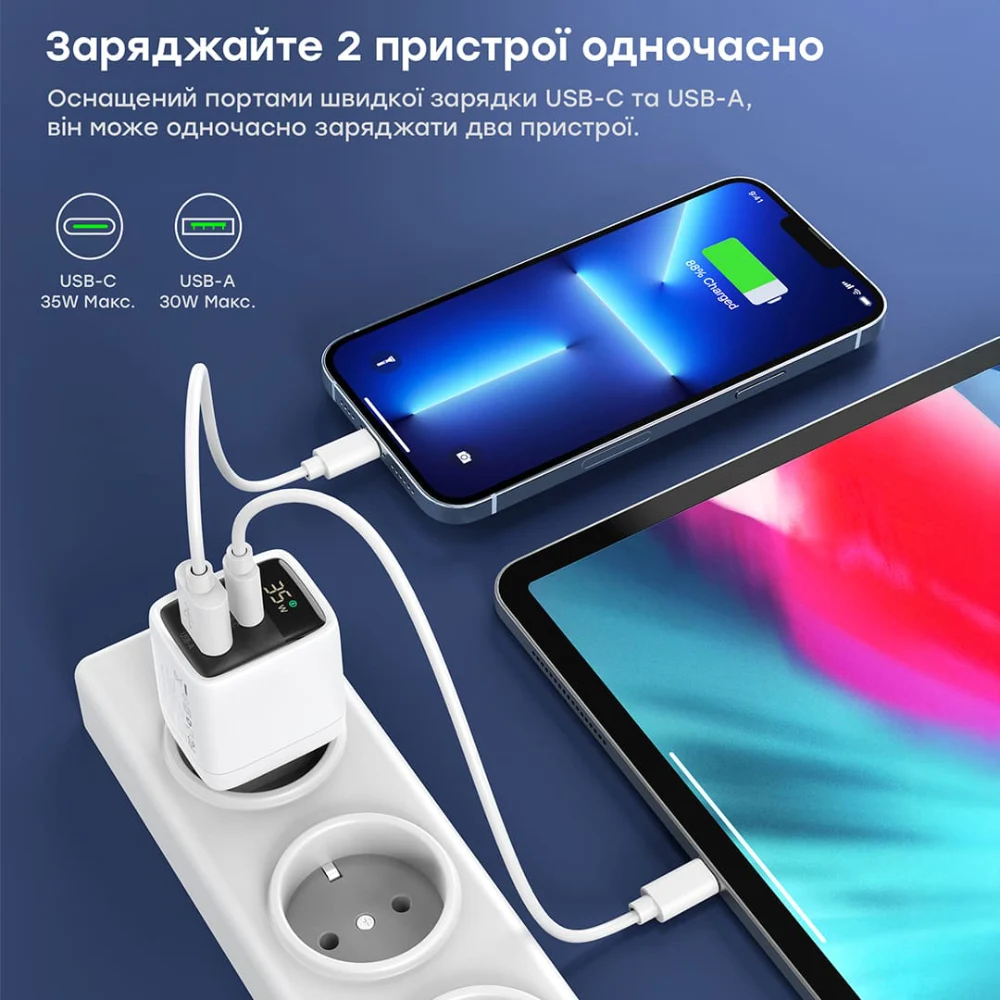 Choetech PD6052 White PD35W GAN A+C Адаптер - Зображення 4