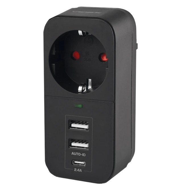 VIDEX ONCORD з/з 1п 2.4A 2USB+USB-C Black Мережевий адаптер з заземленням