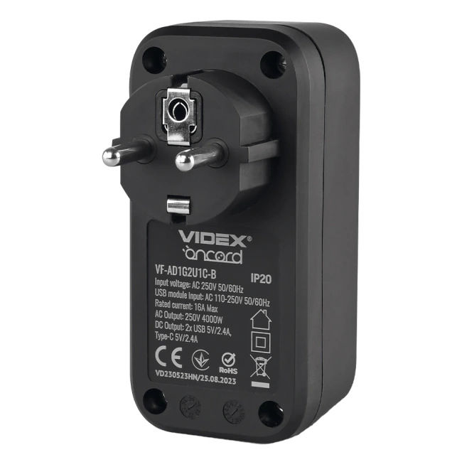 VIDEX ONCORD з/з 1п 2.4A 2USB+USB-C Black Мережевий адаптер з заземленням - Зображення 4