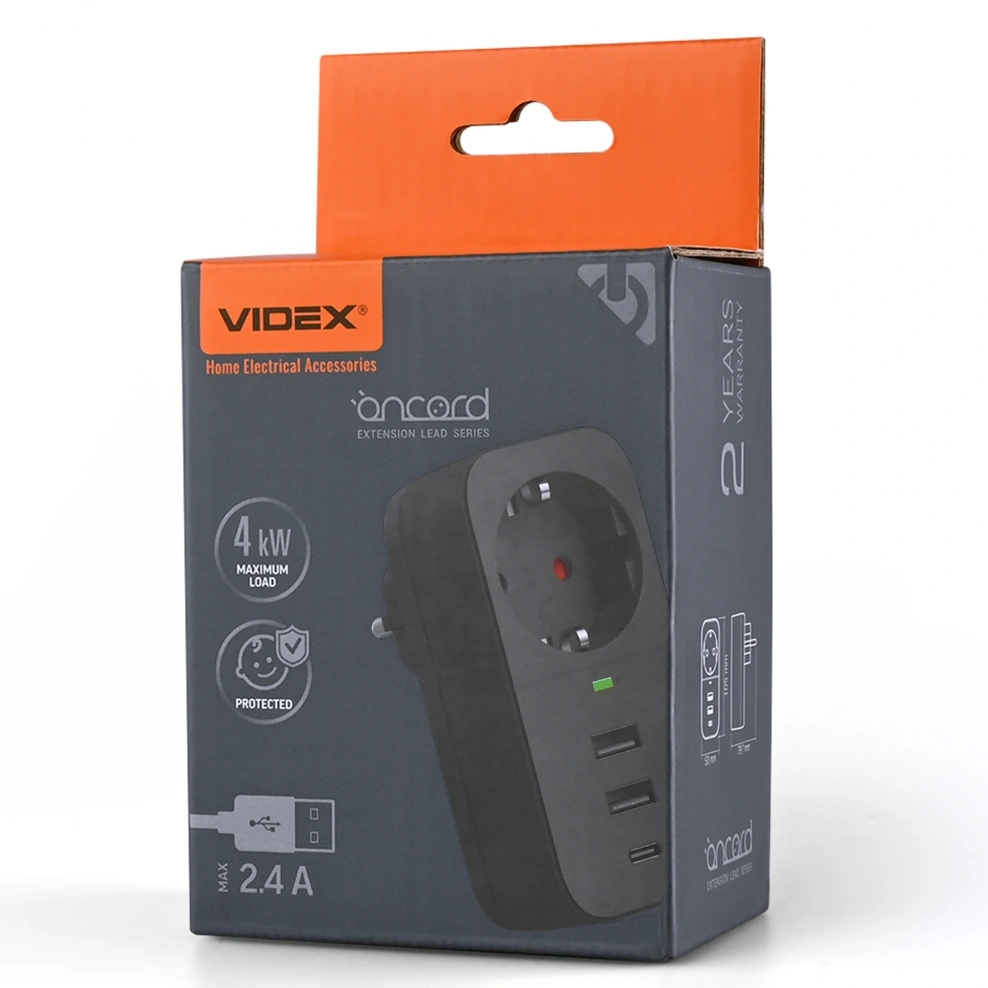 VIDEX ONCORD з/з 1п 2.4A 2USB+USB-C Black Мережевий адаптер з заземленням - Зображення 5