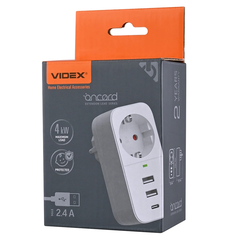 VIDEX ONCORD 1п 2.4A 2USB+USB-C Мережевий адаптер Type-C з заземленням - Зображення 5