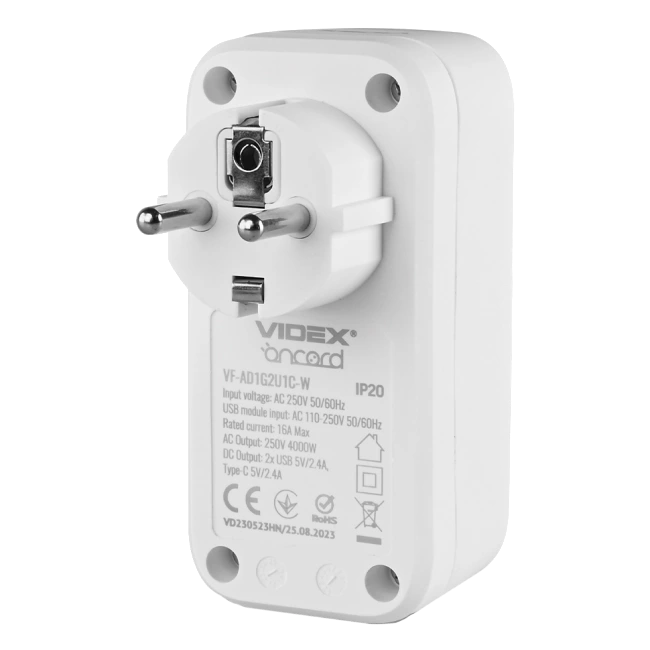VIDEX ONCORD 1п 2.4A 2USB+USB-C Мережевий адаптер Type-C з заземленням - Зображення 3