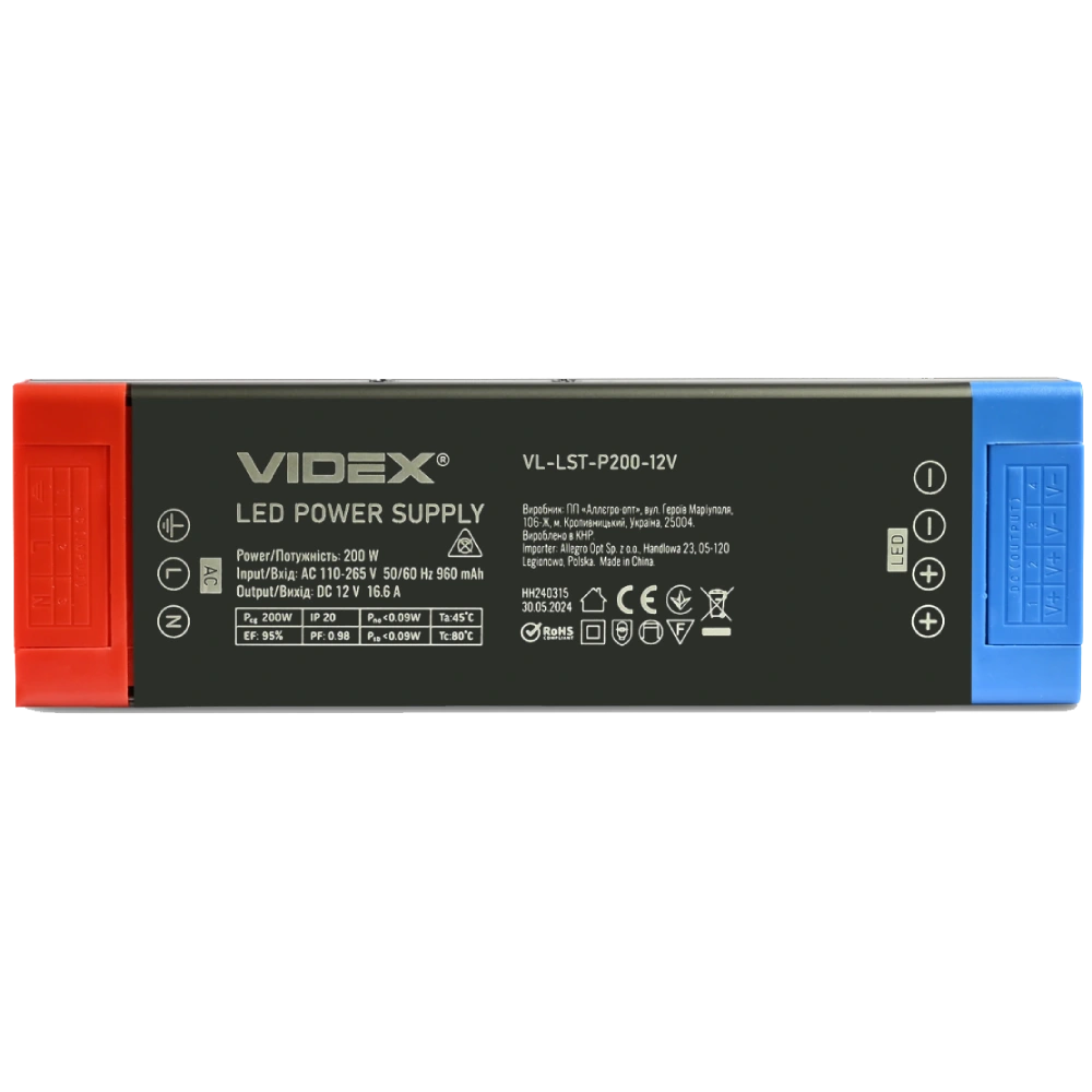 VIDEX (VL-LST-P200-12V) DC12V 16.6A 200W IP20 Блок живлення для LED стрічки - Зображення 3