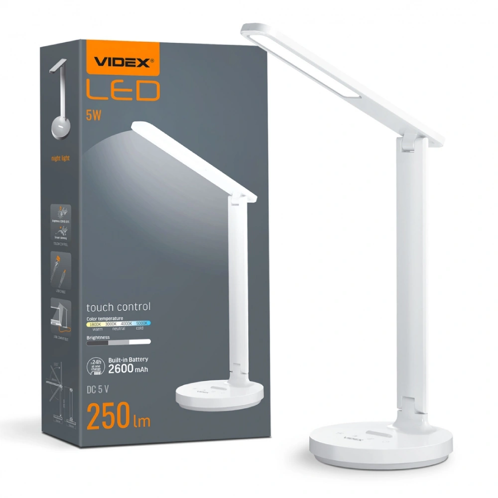 VIDEX VL-TF16W 5W 1800-5000K LED лампа настільна з акумулятором - Зображення 10
