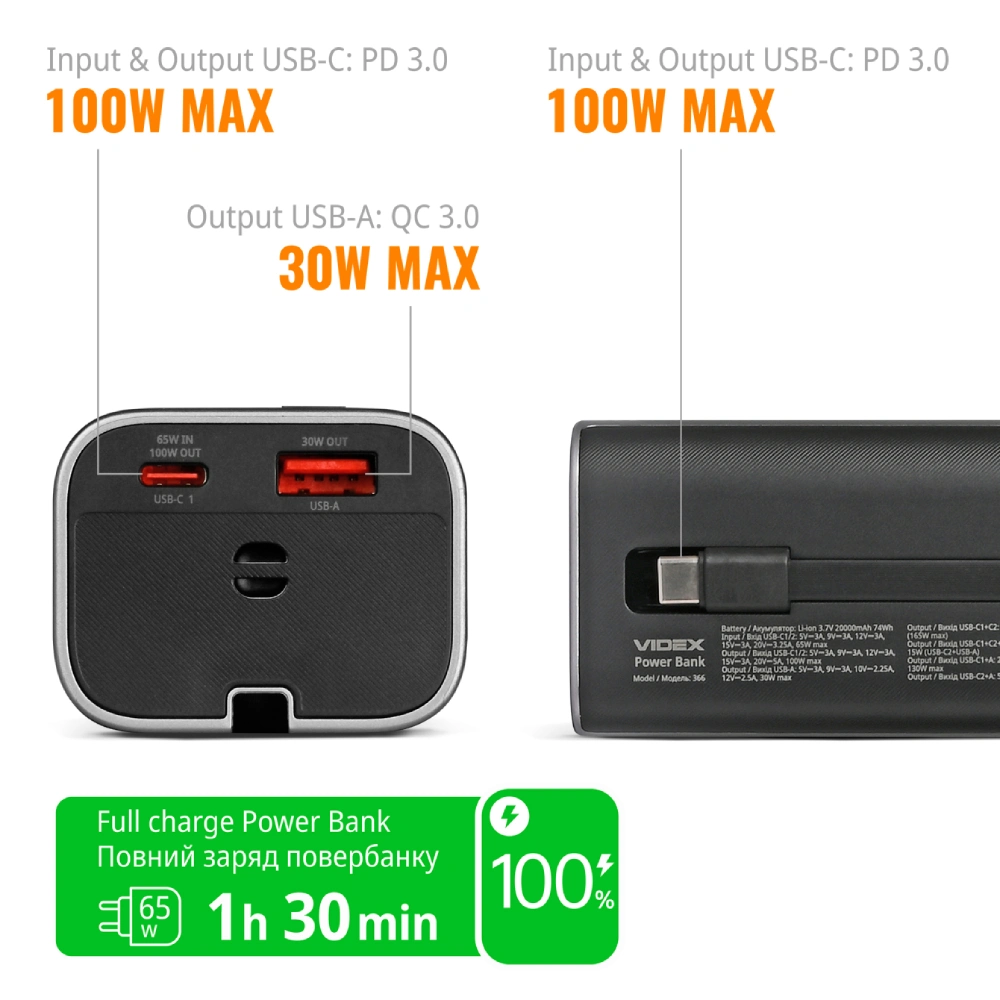 VIDEX VPB-366 PD100Вт 20000мА•г Повербанк - Зображення 7