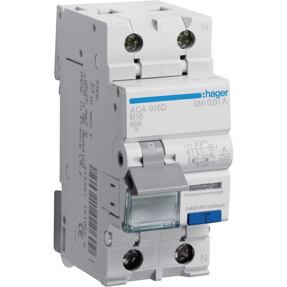 Hager ACA916D Дифавтомат 1P+N 6kA B-16A 10mA A