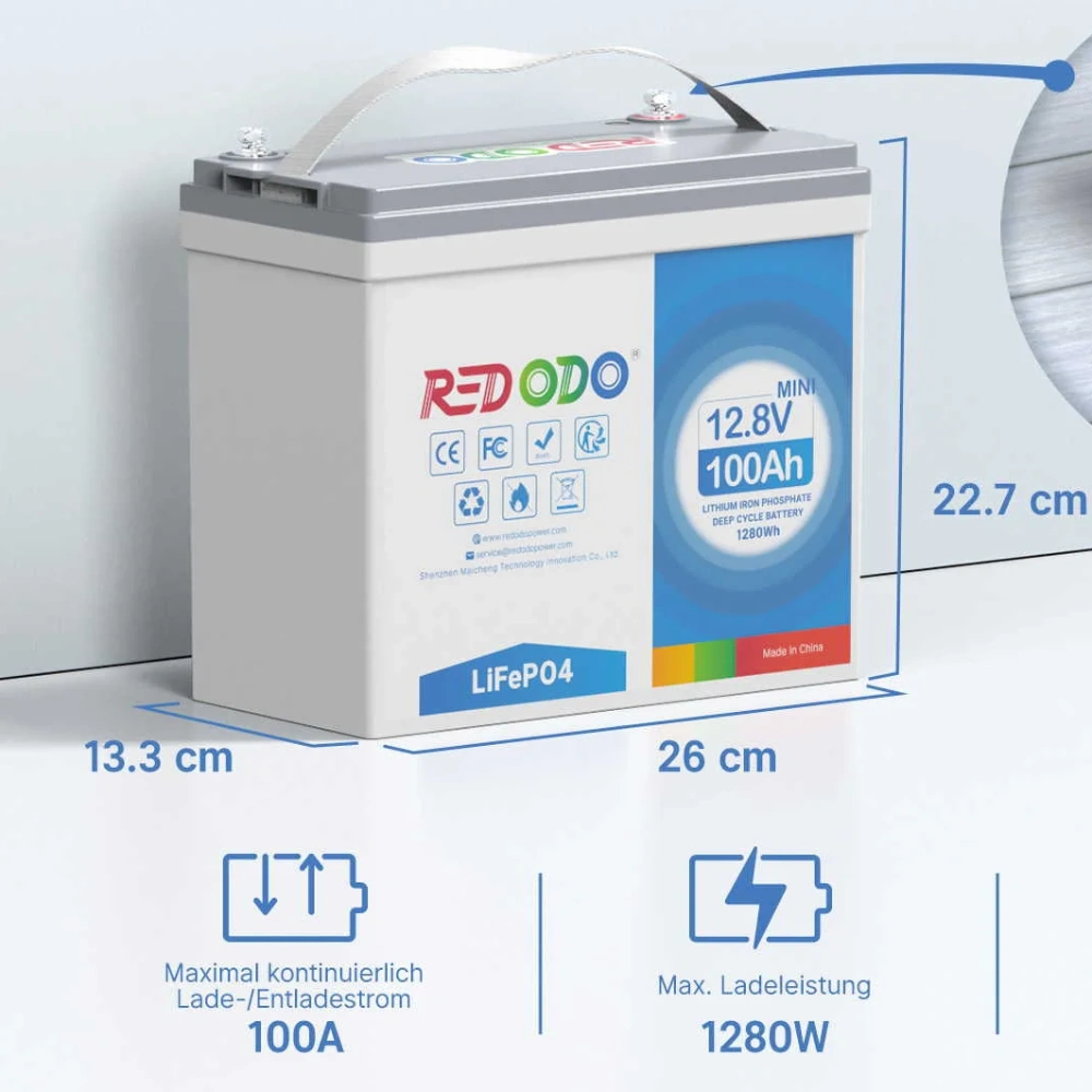 Redodo 12.8V 100Ah Mini 1280Вт•г LiFePO4 Літієва акумуляторна батарея - Зображення 3