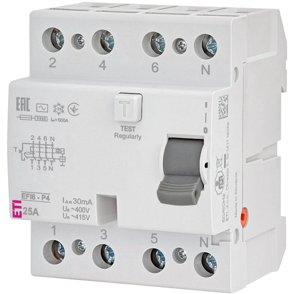 ЕТІ 4р EFI6-P4 25/0,03 тип AC (6kA) Реле диференційне (ПЗВ)